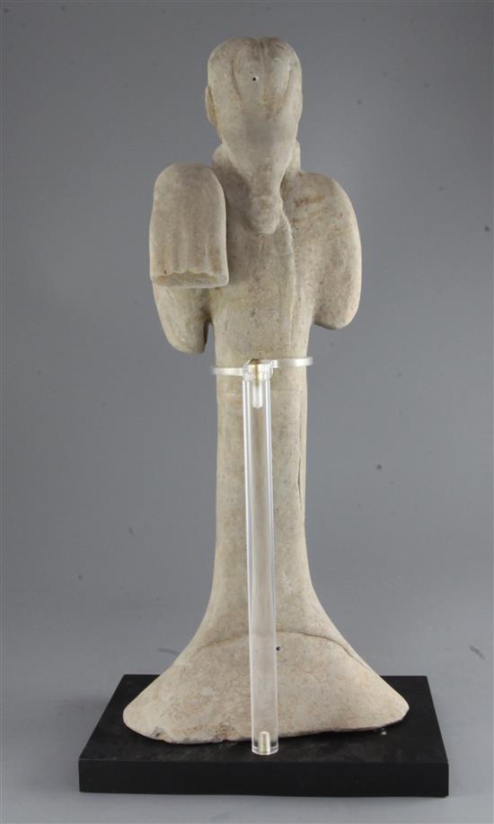 A large Chinese grey pottery figure of a dancer, Han dynasty (2006BC-220AD), height 55.5cm, modern stand